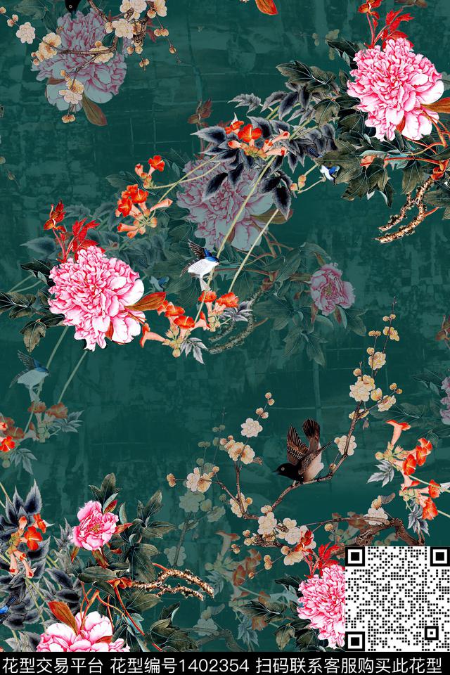 花卉香云纱中国风数码印花华亿平台下载（图片编号: 1402354） - 瓦栏（Walan）