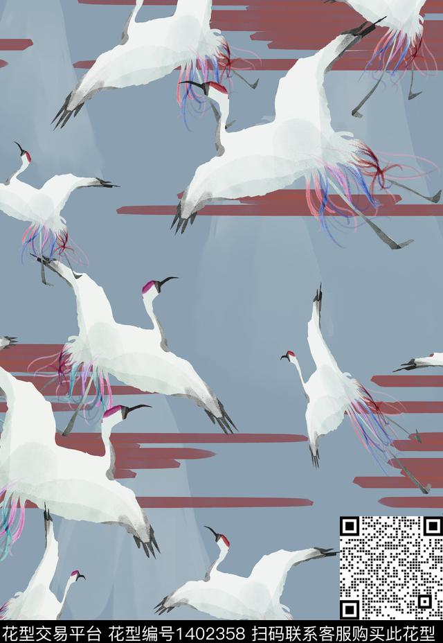 趋势华亿平台仙鹤中国风数码印花华亿平台下载（图片编号: 1402358） - 瓦栏（Walan）