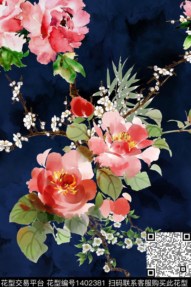 梅花花卉旗袍数码印花华亿平台下载（图片编号: 1402381） - 瓦栏（Walan）