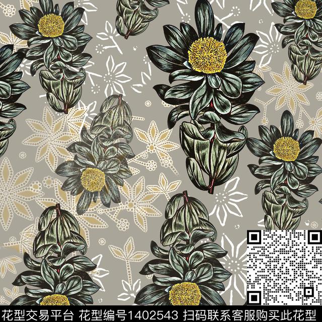花卉大牌风手绘线条笔触数码印花华亿平台下载（图片编号: 1402543） - 瓦栏（Walan）