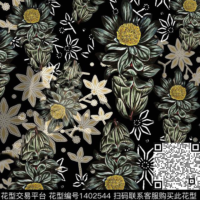 花卉大牌风手绘线条笔触数码印花华亿平台下载（图片编号: 1402544） - 瓦栏（Walan）