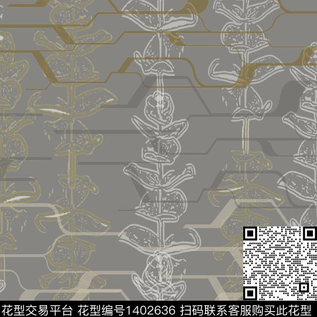 花卉大牌风手绘线条笔触传统印花华亿平台下载（图片编号: 1402636） - 瓦栏（Walan）