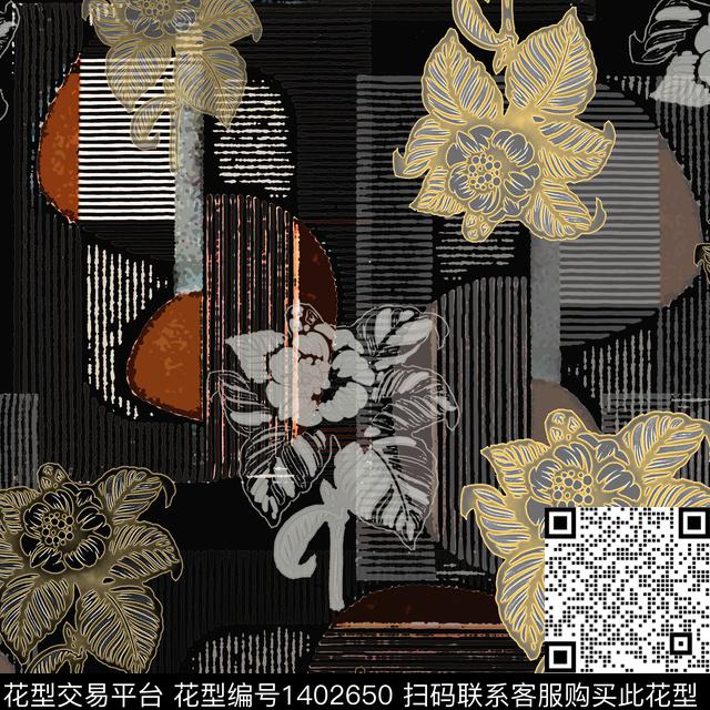 花卉大牌风手绘线条笔触传统印花华亿平台下载（图片编号: 1402650） - 瓦栏（Walan）