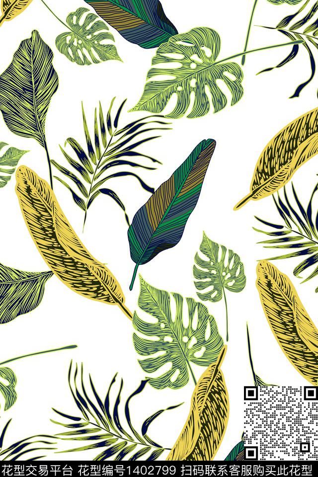 绿植树叶花卉大牌风数码印花华亿平台下载（图片编号: 1402799） - 瓦栏（Walan）