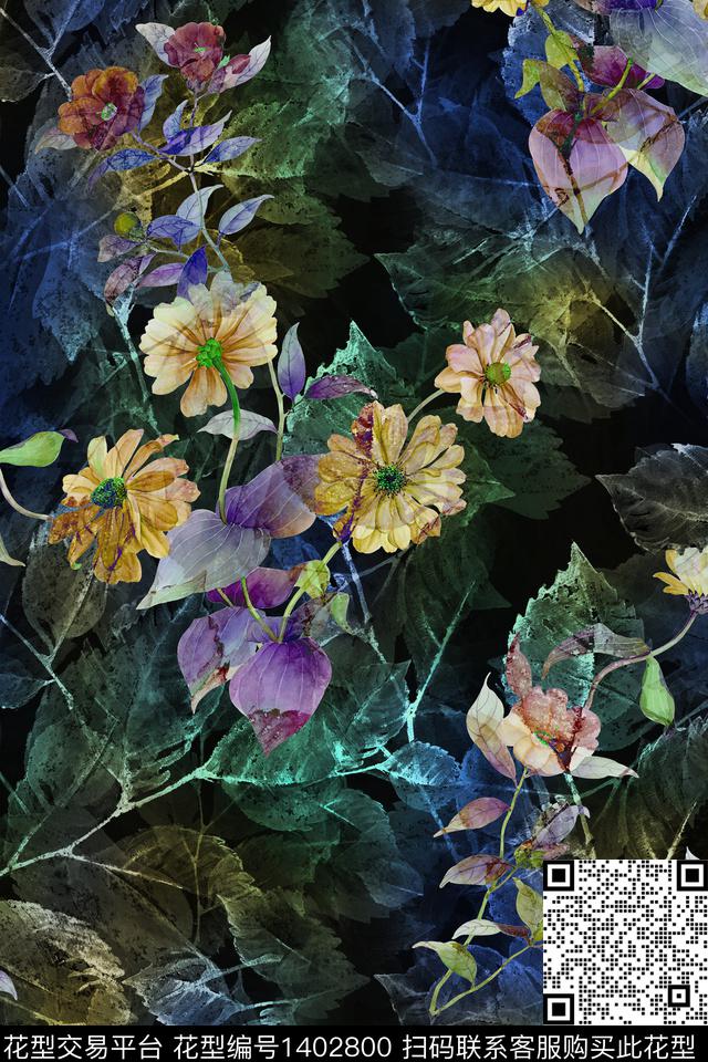 花卉香云纱大牌风数码印花华亿平台下载（图片编号: 1402800） - 瓦栏（Walan）