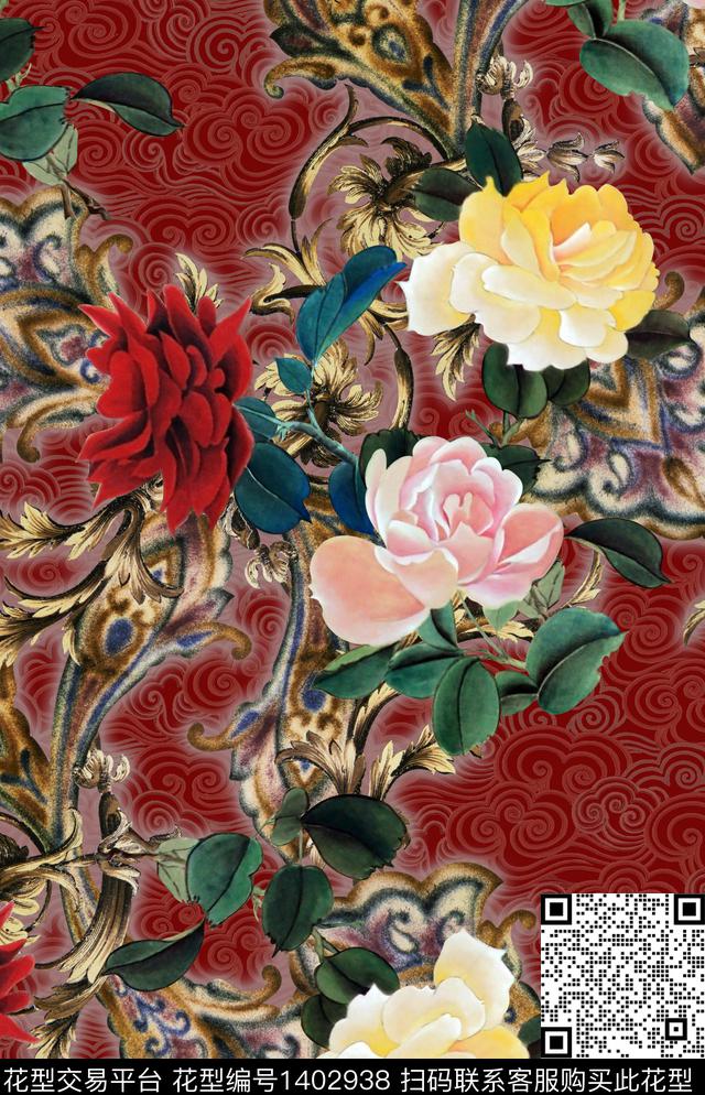 香云纱中国风月季花数码印花华亿平台下载（图片编号: 1402938） - 瓦栏（Walan）