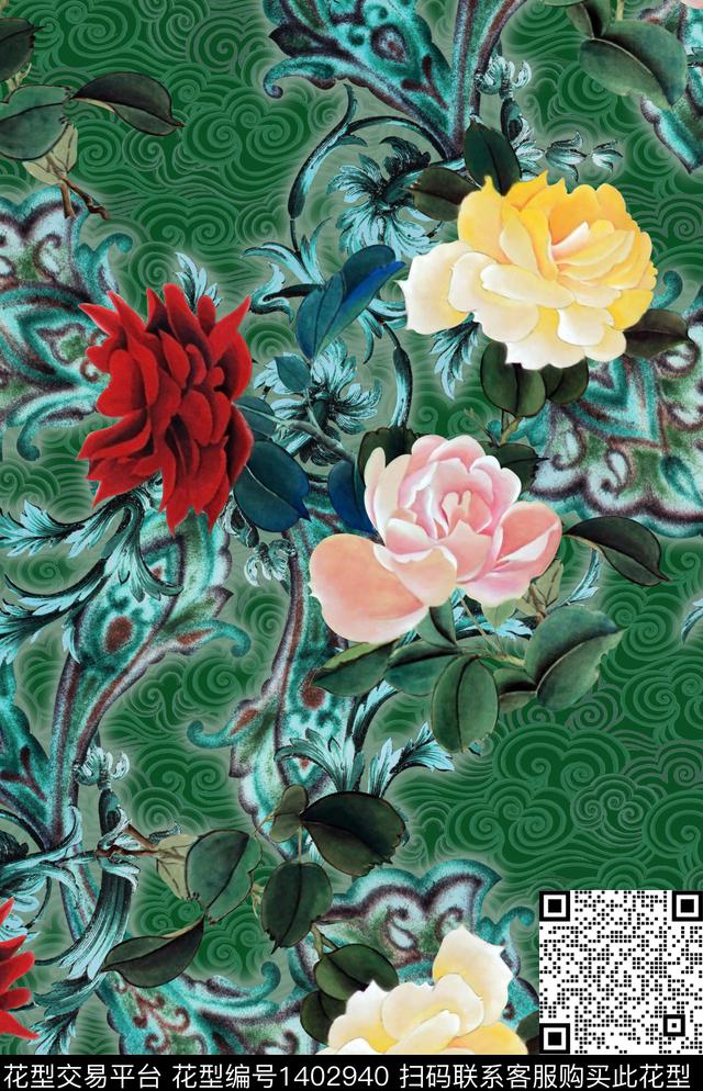 中国风玫瑰花传统纹样数码印花华亿平台下载（图片编号: 1402940） - 瓦栏（Walan）