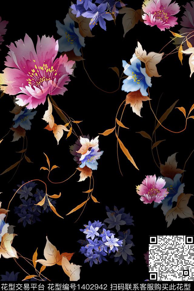 民族风花卉香云纱数码印花华亿平台下载（图片编号: 1402942） - 瓦栏（Walan）