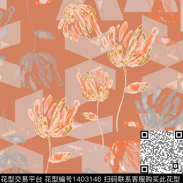 几何花卉大牌风数码印花华亿平台下载（图片编号: 1403146） - 瓦栏（Walan）