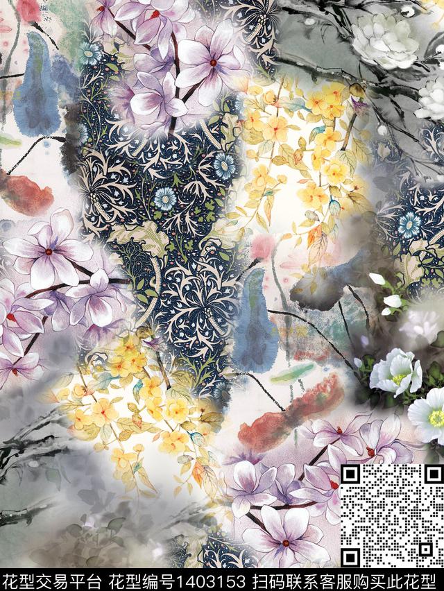 旗袍香云纱国画数码印花华亿平台下载（图片编号: 1403153） - 瓦栏（Walan）