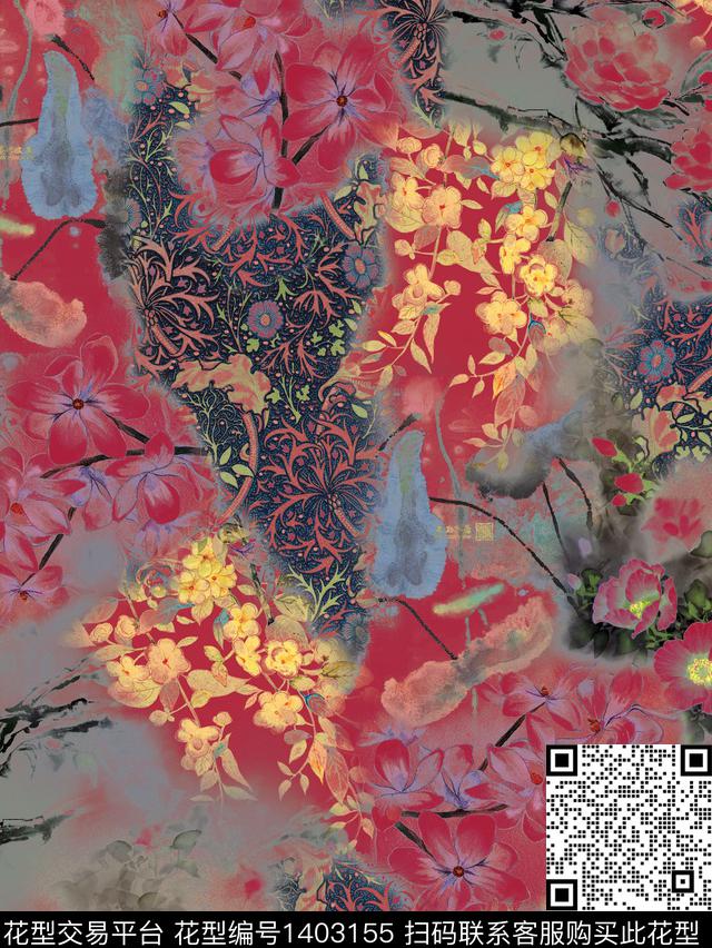 旗袍香云纱国画数码印花华亿平台下载（图片编号: 1403155） - 瓦栏（Walan）