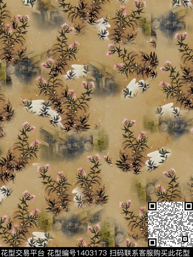 旗袍香云纱国画数码印花华亿平台下载（图片编号: 1403173） - 瓦栏（Walan）