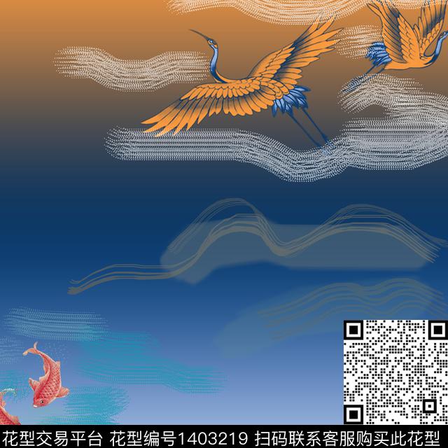 渐变仙鹤绘画数码印花华亿平台下载（图片编号: 1403219） - 瓦栏（Walan）