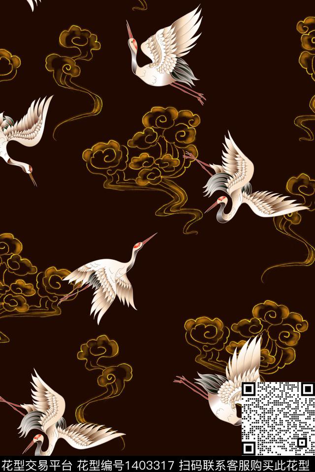 仙鹤祥云旗袍数码印花华亿平台下载（图片编号: 1403317） - 瓦栏（Walan）