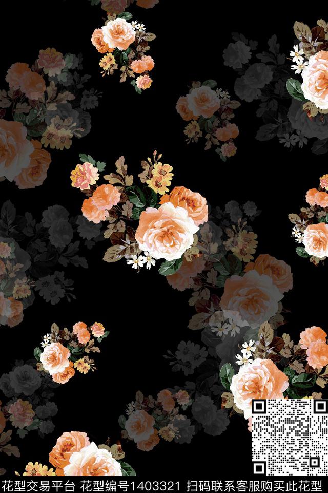 时尚复古花卉数码印花华亿平台下载（图片编号: 1403321） - 瓦栏（Walan）