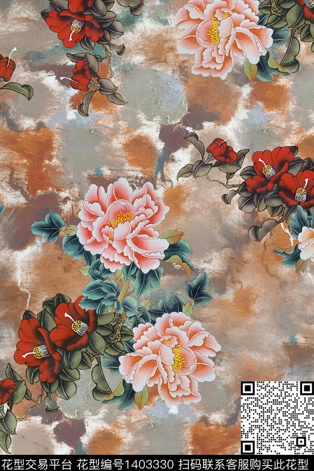 香云纱大花复古旗袍花数码印花华亿平台下载（图片编号: 1403330） - 瓦栏（Walan）