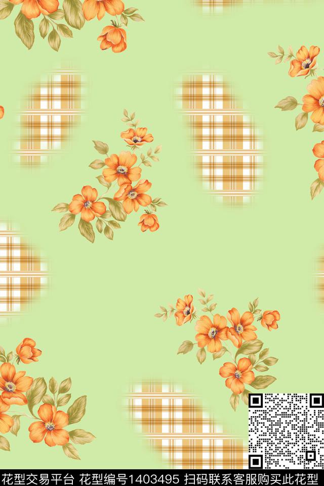 条格花卉传统印花华亿平台下载（图片编号: 1403495） - 瓦栏（Walan）