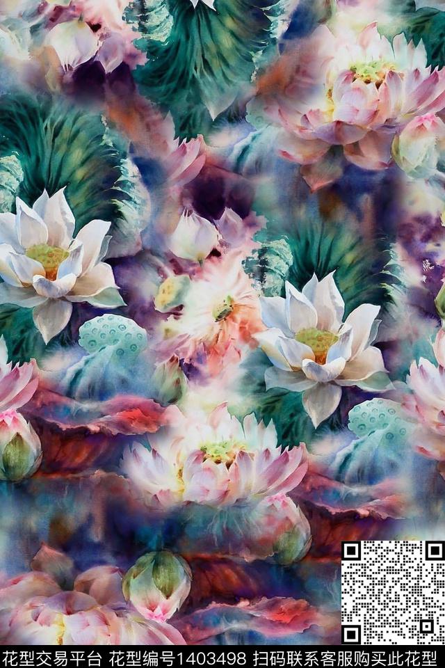 花卉香云纱大牌风数码印花华亿平台下载（图片编号: 1403498） - 瓦栏（Walan）