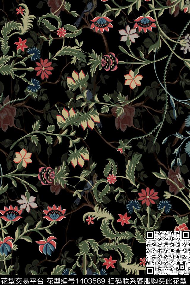 民族风花卉香云纱数码印花华亿平台下载（图片编号: 1403589） - 瓦栏（Walan）