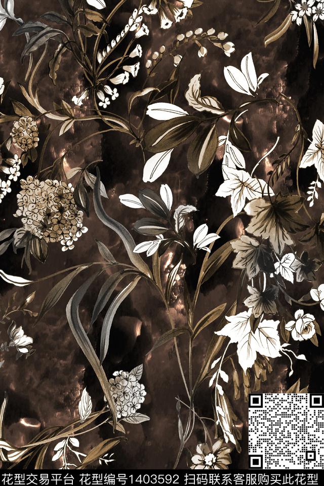 花卉香云纱大牌风数码印花华亿平台下载（图片编号: 1403592） - 瓦栏（Walan）