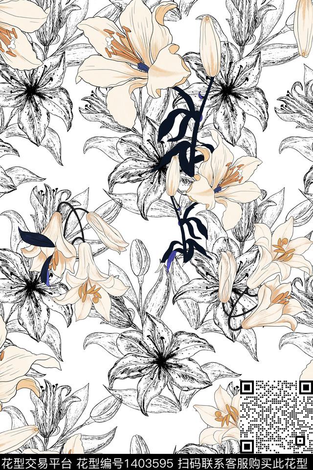 花卉大牌风小清新数码印花华亿平台下载（图片编号: 1403595） - 瓦栏（Walan）
