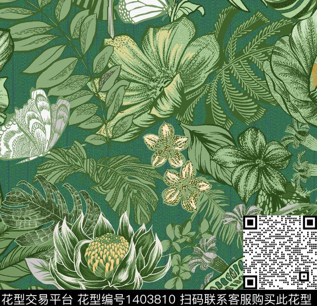 黑底花卉绿植树叶花卉数码印花华亿平台下载（图片编号: 1403810） - 瓦栏（Walan）