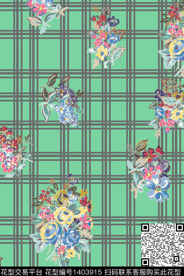 线条格子花卉传统印花华亿平台下载（图片编号: 1403915） - 瓦栏（Walan）