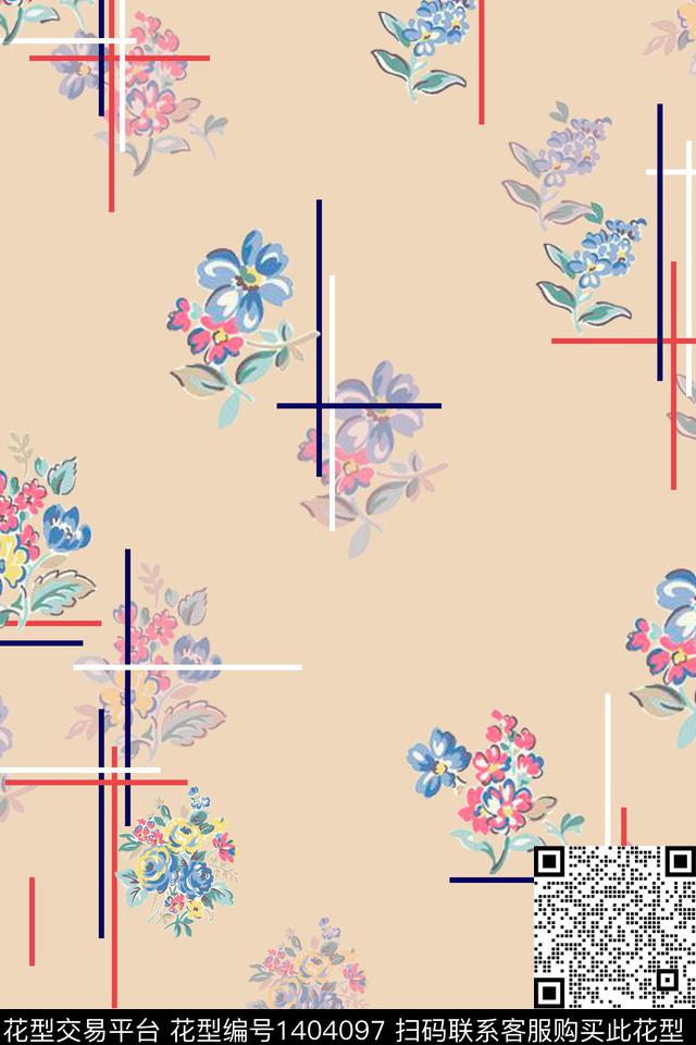 线条鲜花文艺传统印花华亿平台下载（图片编号: 1404097） - 瓦栏（Walan）