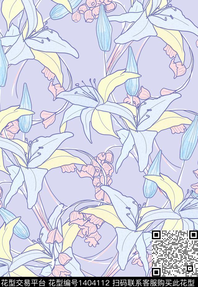 百合花卉小清新数码印花华亿平台下载（图片编号: 1404112） - 瓦栏（Walan）