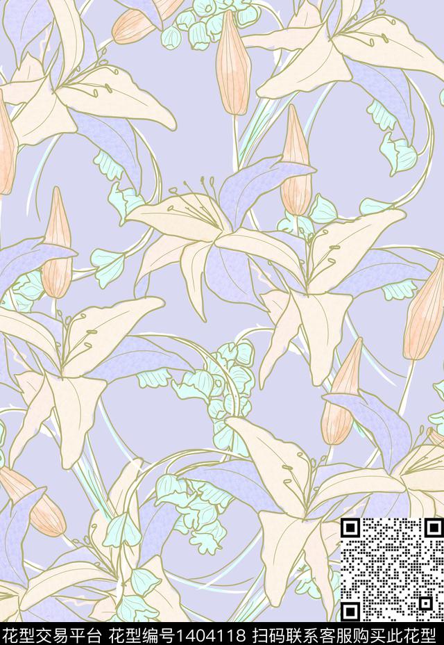 百合花卉小清新数码印花华亿平台下载（图片编号: 1404118） - 瓦栏（Walan）