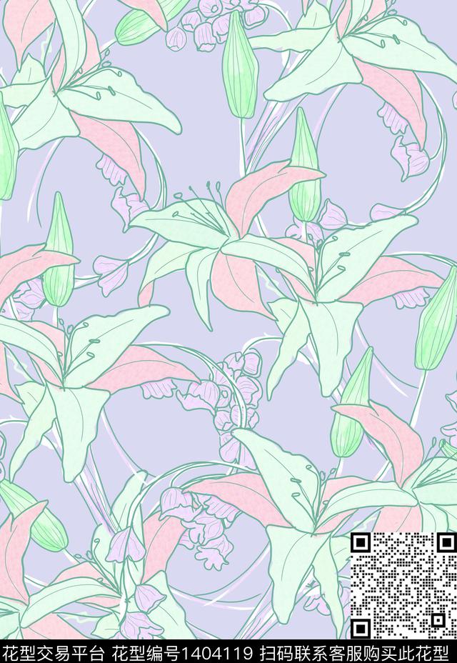百合花卉小清新数码印花华亿平台下载（图片编号: 1404119） - 瓦栏（Walan）