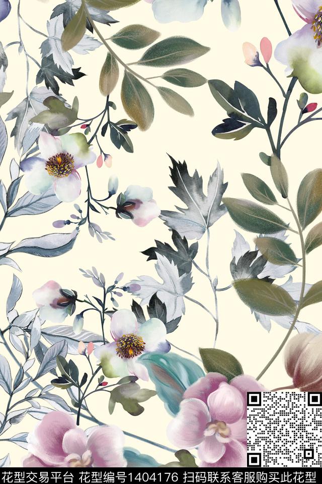 绿植树叶清爽底花卉花卉数码印花华亿平台下载（图片编号: 1404176） - 瓦栏（Walan）