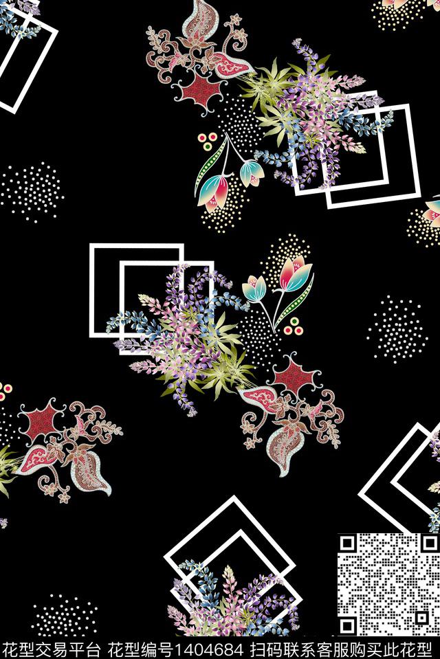 黑底花卉几何花卉雕印华亿平台数码印花华亿平台下载（图片编号: 1404684） - 瓦栏（Walan）