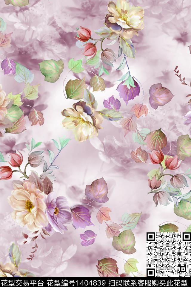 时尚花卉真丝数码印花华亿平台下载（图片编号: 1404839） - 瓦栏（Walan）