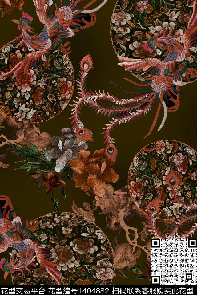 花卉香云纱中国风数码印花华亿平台下载（图片编号: 1404882） - 瓦栏（Walan）