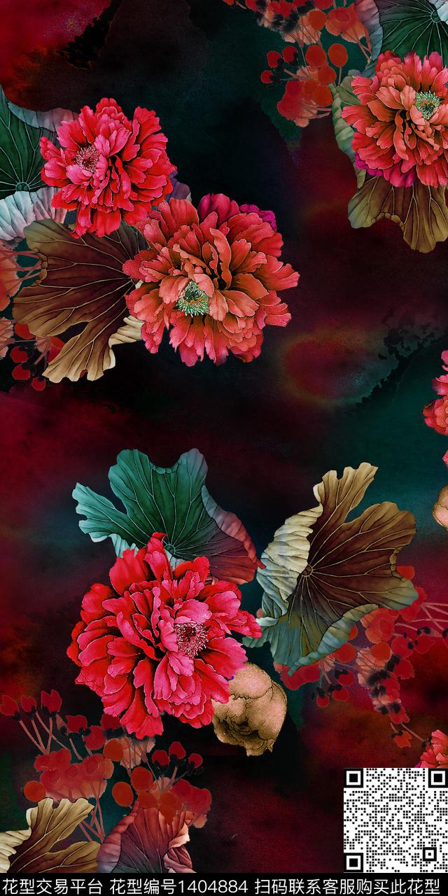 花卉香云纱中国风数码印花华亿平台下载（图片编号: 1404884） - 瓦栏（Walan）