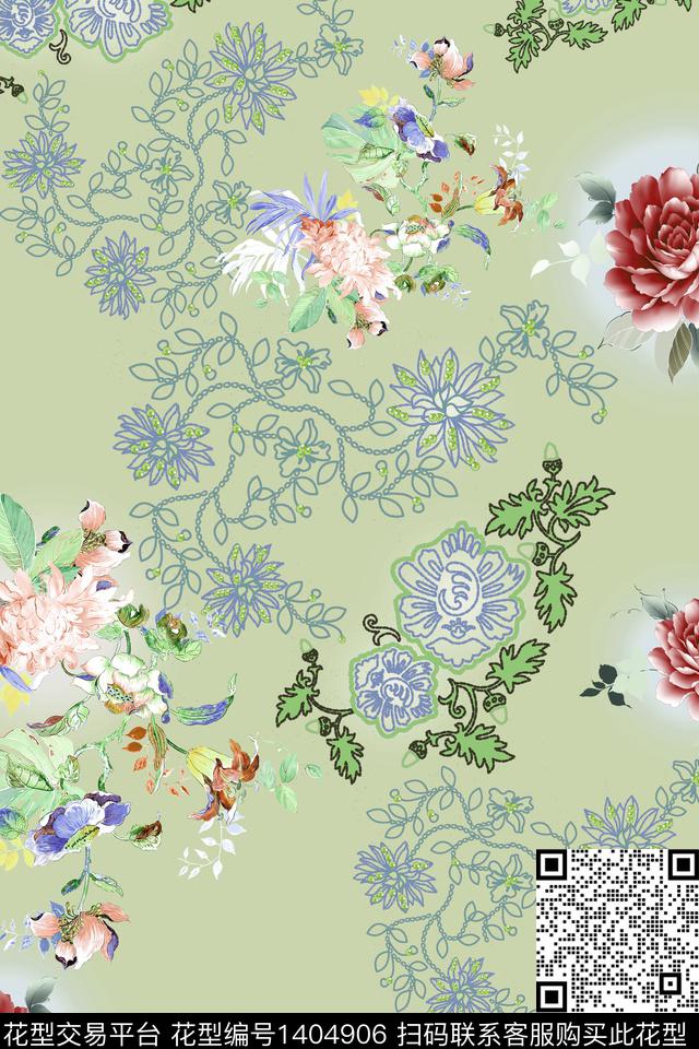 绿植树叶花卉大牌风数码印花华亿平台下载（图片编号: 1404906） - 瓦栏（Walan）