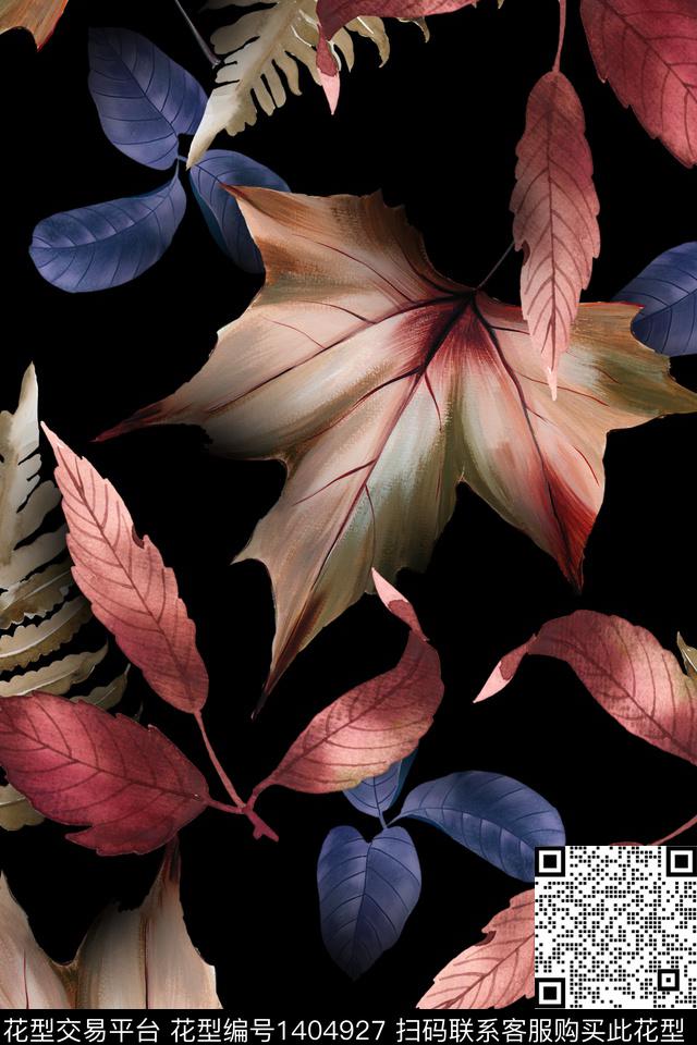 黑底花卉绿植树叶香云纱数码印花华亿平台下载（图片编号: 1404927） - 瓦栏（Walan）