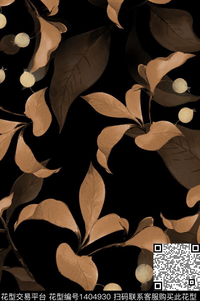 黑底花卉绿植树叶香云纱数码印花华亿平台下载（图片编号: 1404930） - 瓦栏（Walan）