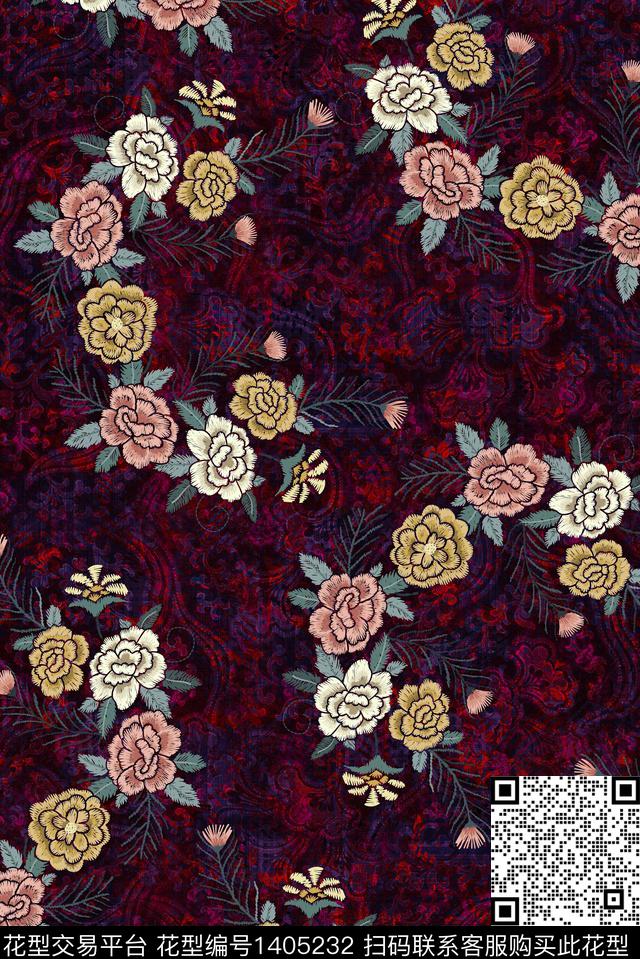 康乃馨复古旗袍数码印花华亿平台下载（图片编号: 1405232） - 瓦栏（Walan）