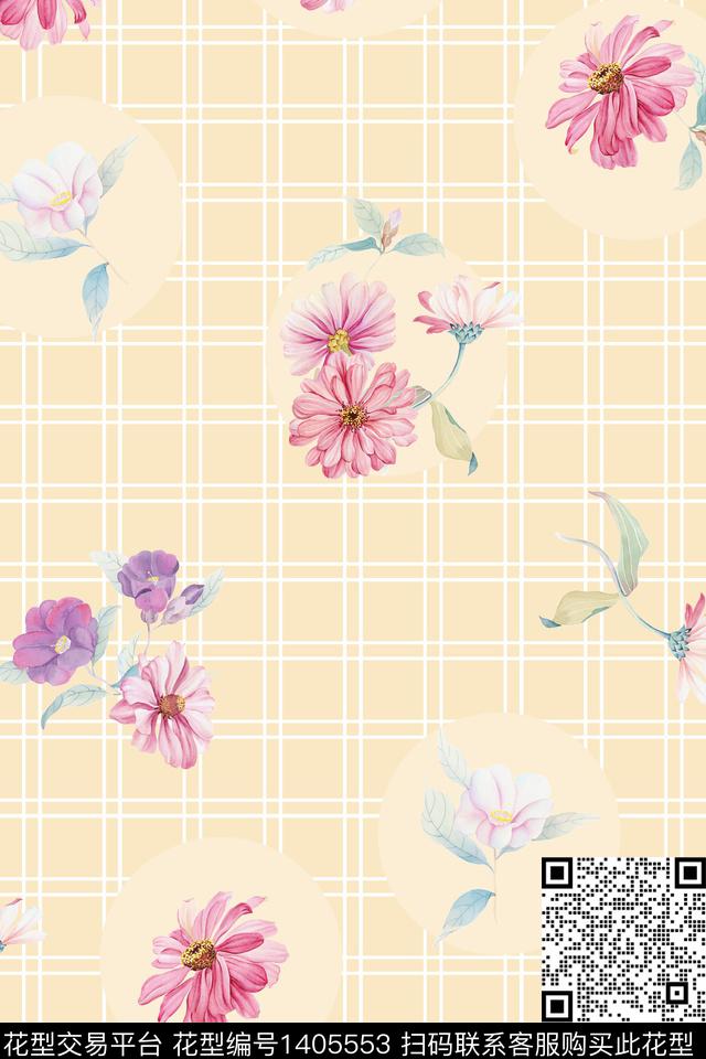 格子花卉大牌风数码印花华亿平台下载（图片编号: 1405553） - 瓦栏（Walan）