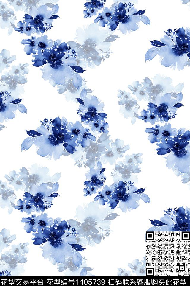 白底花扎染华亿平台花卉传统印花华亿平台下载（图片编号: 1405739） - 瓦栏（Walan）