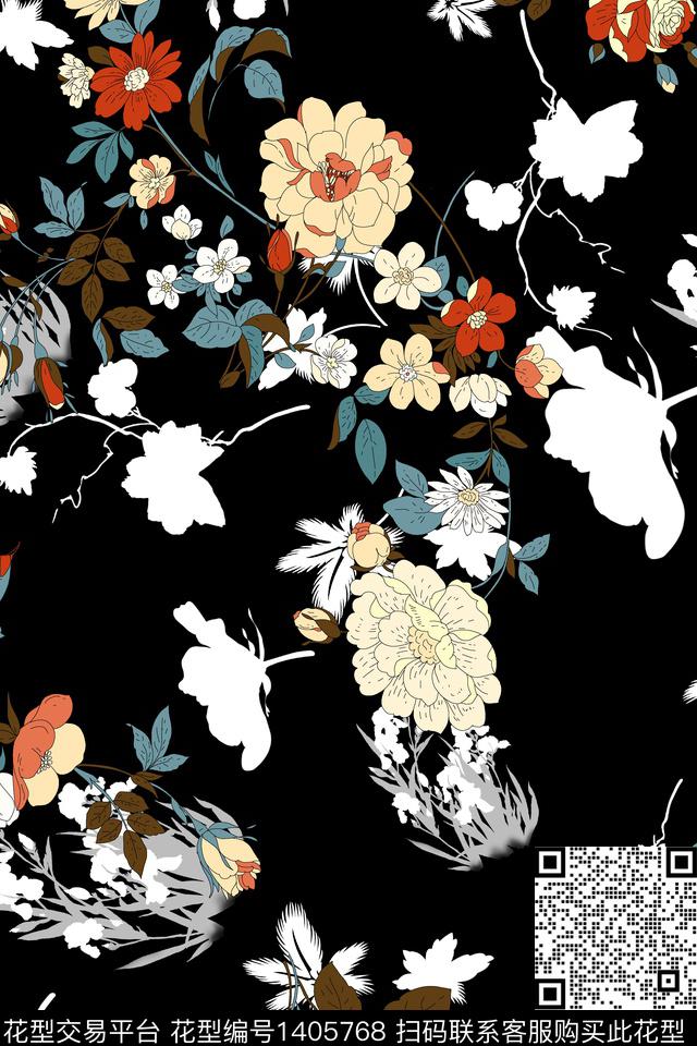 花卉香云纱大牌风数码印花华亿平台下载（图片编号: 1405768） - 瓦栏（Walan）