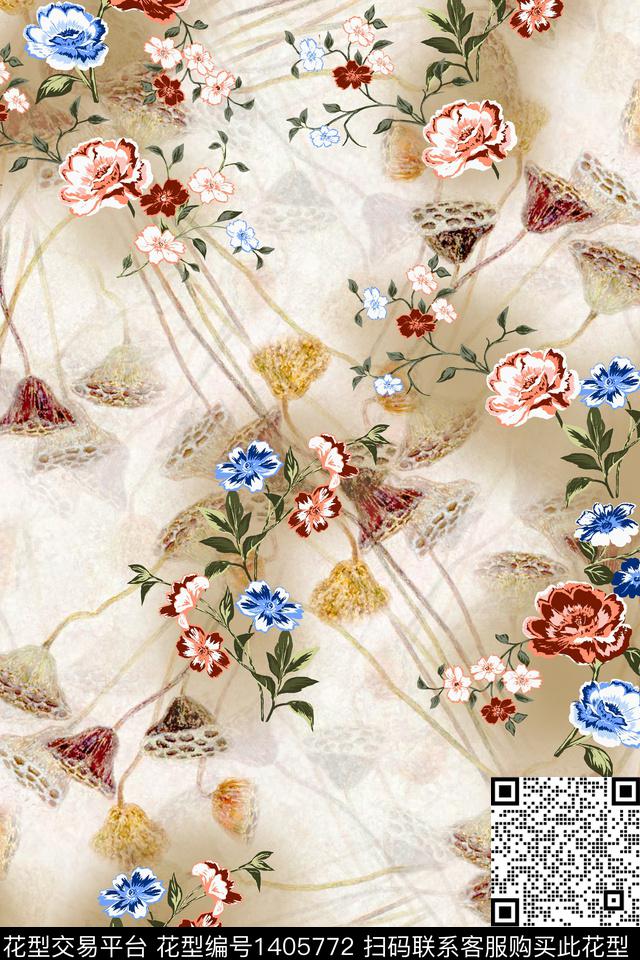 花卉香云纱大牌风数码印花华亿平台下载（图片编号: 1405772） - 瓦栏（Walan）