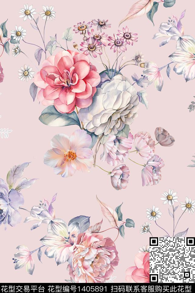 花卉小清新真丝数码印花华亿平台下载（图片编号: 1405891） - 瓦栏（Walan）