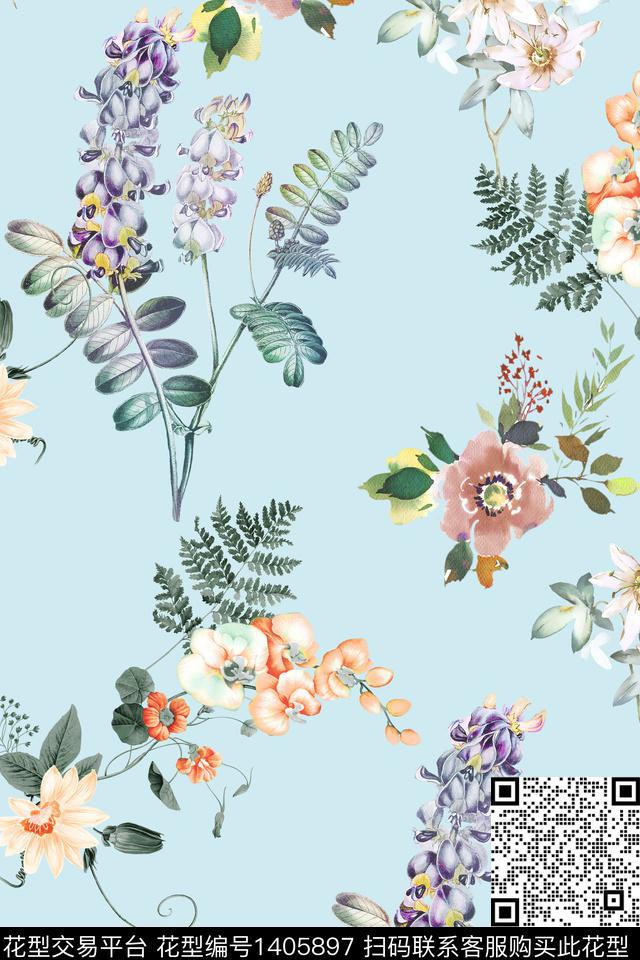 花卉小清新真丝数码印花华亿平台下载（图片编号: 1405897） - 瓦栏（Walan）