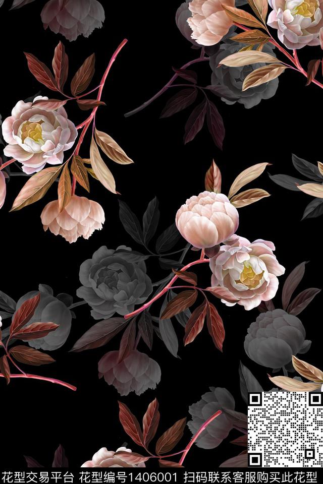 花卉香云纱大牌风数码印花华亿平台下载（图片编号: 1406001） - 瓦栏（Walan）