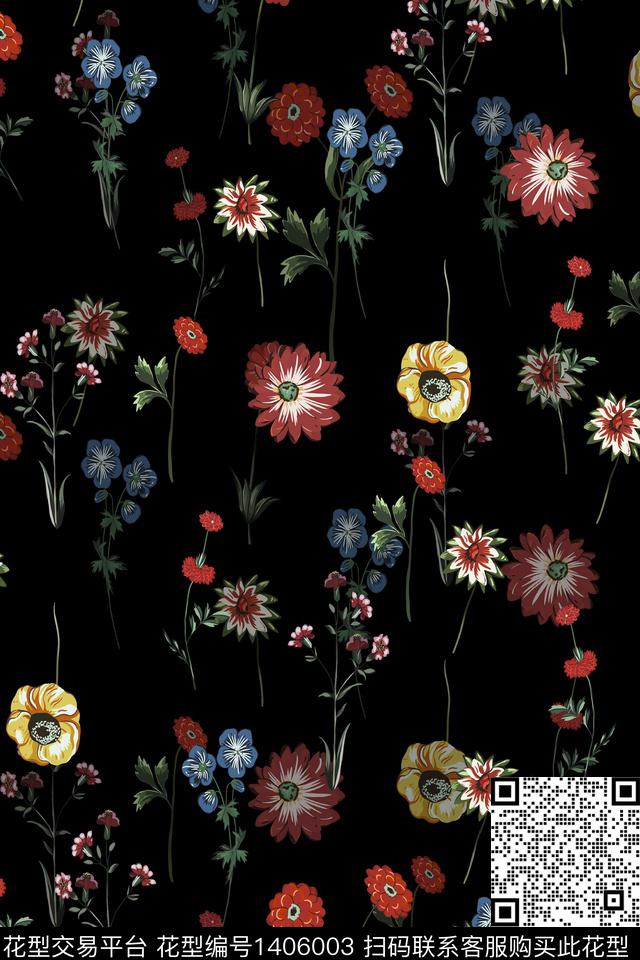 花卉香云纱大牌风数码印花华亿平台下载（图片编号: 1406003） - 瓦栏（Walan）