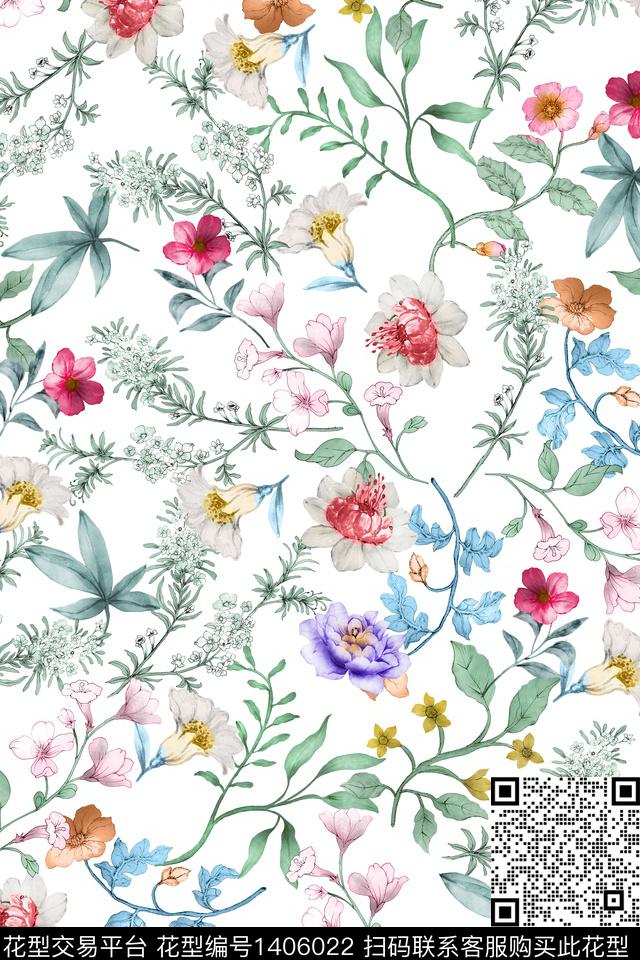 花卉大牌风小清新数码印花华亿平台下载（图片编号: 1406022） - 瓦栏（Walan）