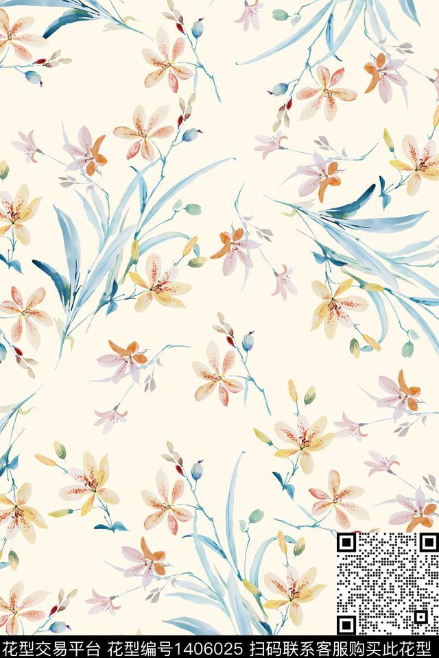 花卉大牌风小清新数码印花华亿平台下载（图片编号: 1406025） - 瓦栏（Walan）